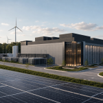 Estrutura externa de um data center brasileiro com painéis solares e equipamentos de infraestrutura digital, sem textos, logotipos ou placas legíveis