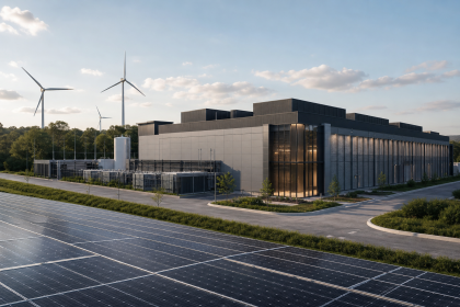 Estrutura externa de um data center brasileiro com painéis solares e equipamentos de infraestrutura digital, sem textos, logotipos ou placas legíveis
