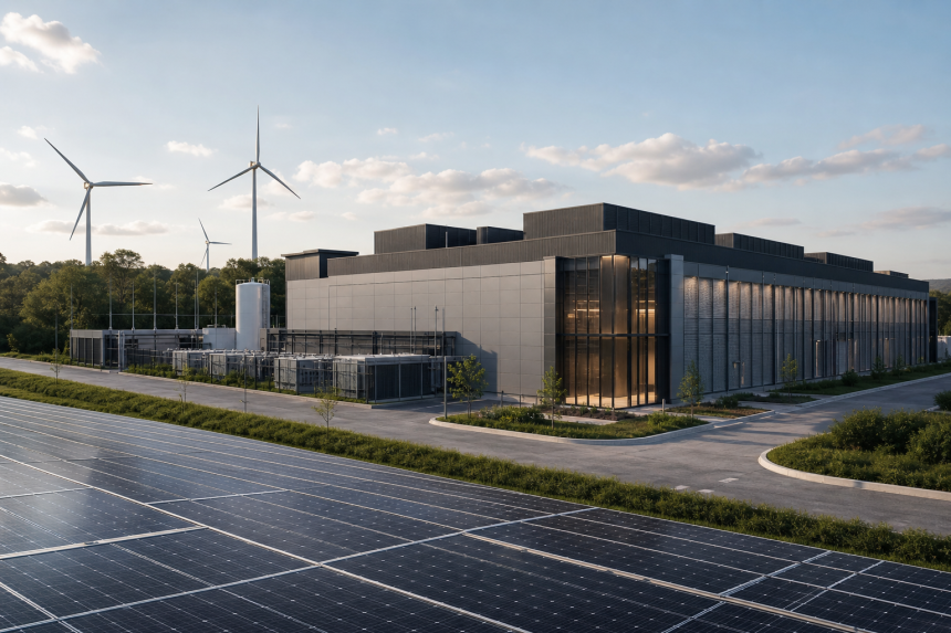 Estrutura externa de um data center brasileiro com painéis solares e equipamentos de infraestrutura digital, sem textos, logotipos ou placas legíveis