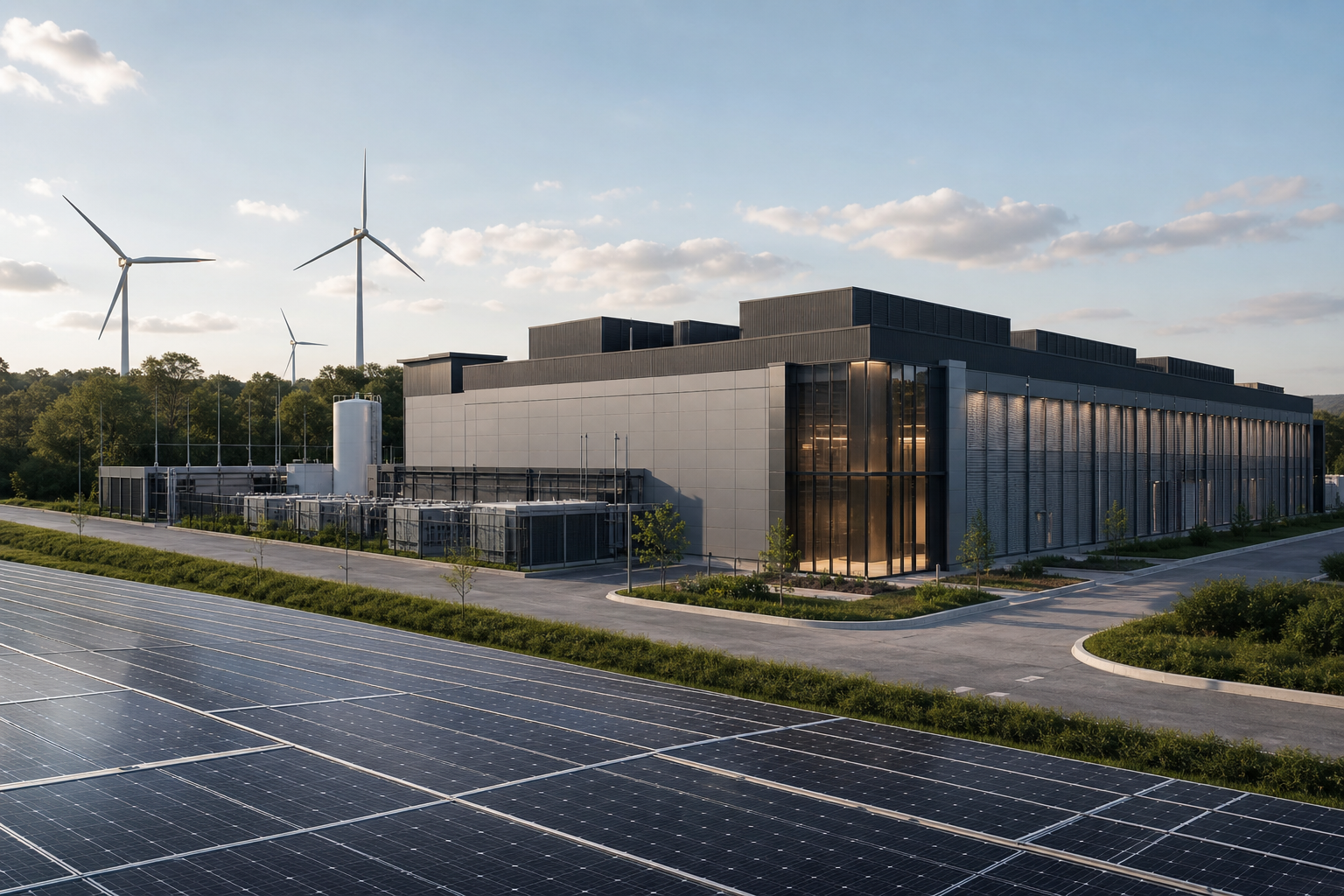 Estrutura externa de um data center brasileiro com painéis solares e equipamentos de infraestrutura digital, sem textos, logotipos ou placas legíveis