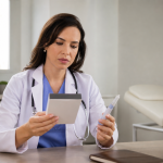 Profissional de saúde analisa medicamento para tratamento da obesidade em ambiente clínico