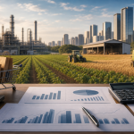 Composição editorial com documentos econômicos, calculadora e elementos visuais associados à atividade industrial e ao consumo no Brasil