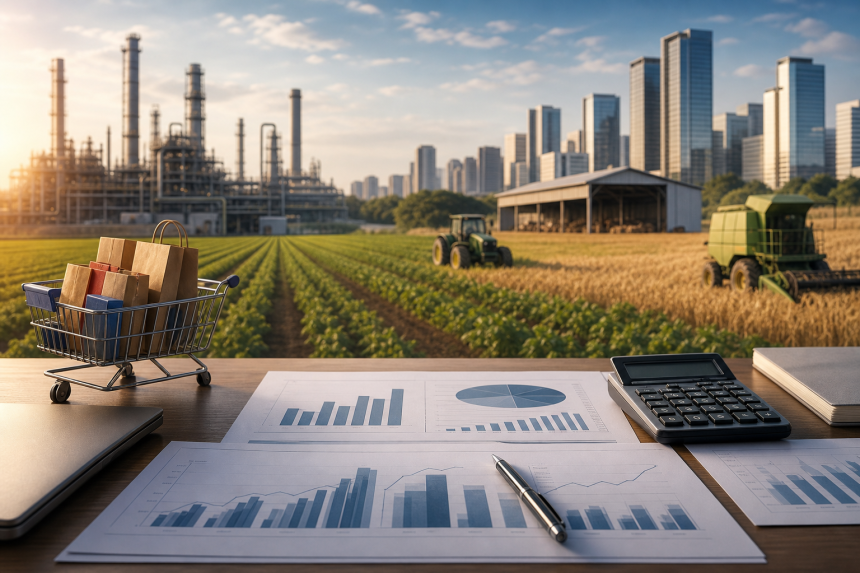 Composição editorial com documentos econômicos, calculadora e elementos visuais associados à atividade industrial e ao consumo no Brasil