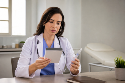 Profissional de saúde analisa medicamento para tratamento da obesidade em ambiente clínico