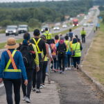 Romeiros caminham próximos a uma rodovia com elementos refletivos durante peregrinação até Aparecida